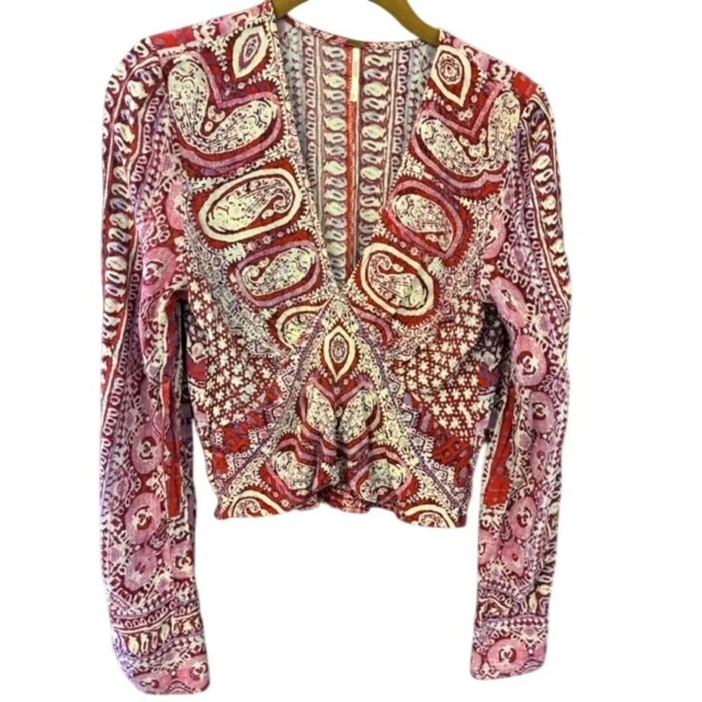 Free People Paisley Top Womens S Pink Excellent V-Neck Smocked Cropped Boho